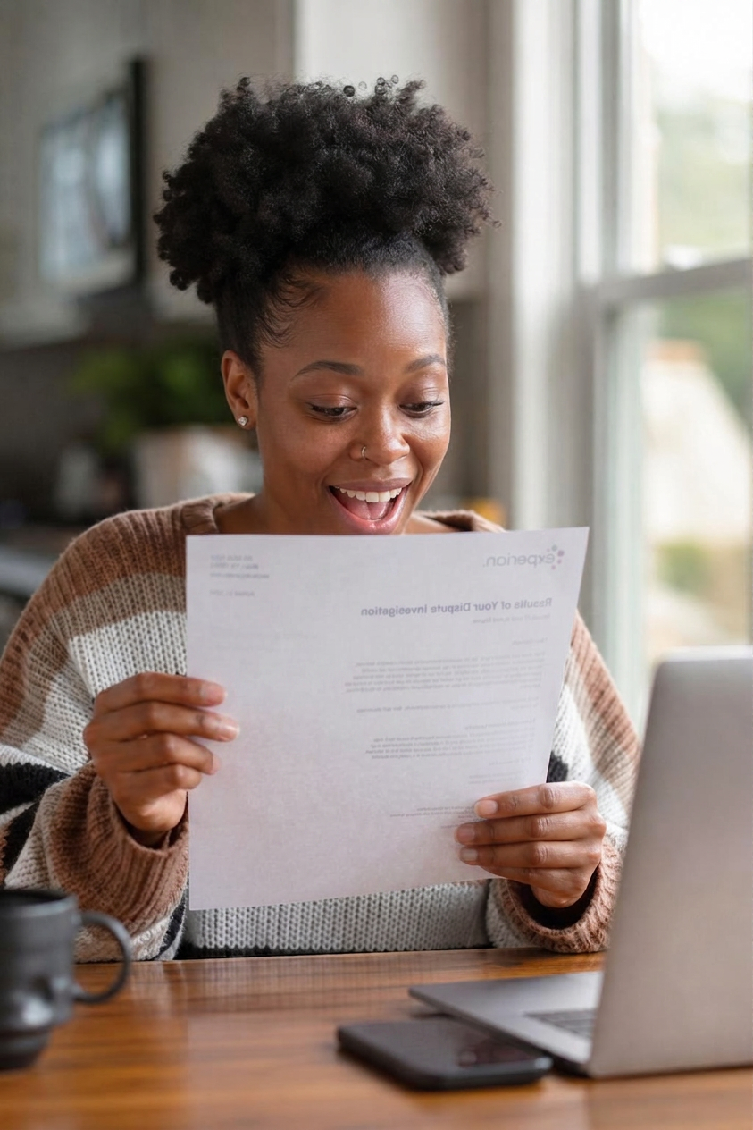 Excited woman reading credit bureau dispute results letter