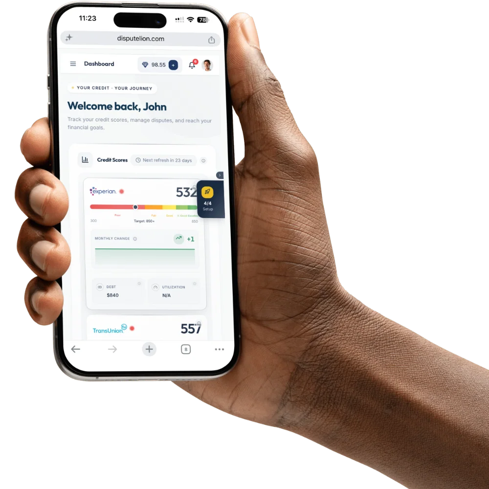 Hand holding phone displaying credit report app